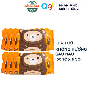 Combo 6 Khăn Ướt AGI Không Hương 100 Tờ (Gấu Nâu)