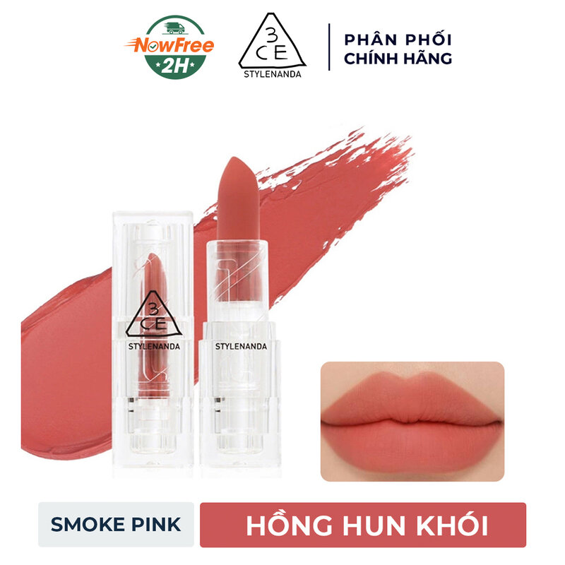 Son Thỏi Lì 3CE Vỏ Trong Suốt Smoke Pink - Hồng Hun Khói 3.5g