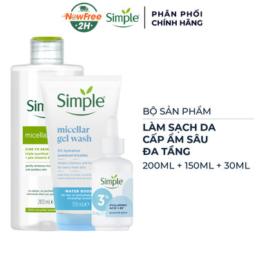 Combo Simple Nước Tẩy Trang 200ml + Gel Rửa Mặt 150ml + Serum Cấp Ẩm 30ml