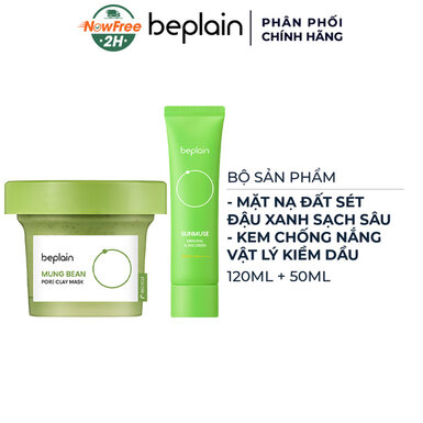 Combo Beplain Mặt Nạ Đất Sét Đậu Xanh Sạch Sâu 120ml + Kem Chống Nắng Vật Lý Kiềm Dầu Mịn Lì 50ml