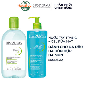 Combo Bioderma Nước Tẩy Trang 500ml + Gel Rửa Mặt 500ml Cho Da Dầu & Hỗn Hợp