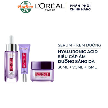 Combo L'Oreal Serum Hyaluronic Acid Cấp Ẩm Sáng Da 30ml + Serum HA Mini 7.5ml + Kem Dưỡng Ngày HA Mini 15ml