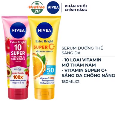 Combo Nivea Serum Dưỡng Thể Sáng Da (10 Vitamin Mờ Thâm Nám + Vitamin C Chống Nắng) 180mlx2