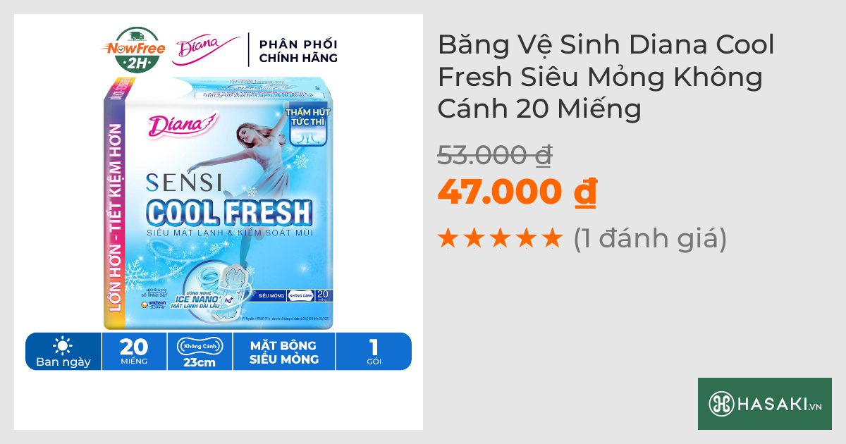 Băng Vệ Sinh Diana Sensi Cool Fresh Mát Lạnh Không Cánh 20M