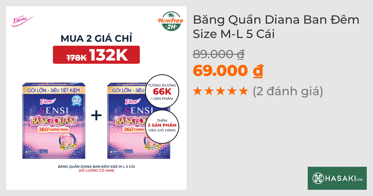 Băng Vệ Sinh Diana Dạng Quần Ban Đêm Size M-L 5 Chiếc/Gói