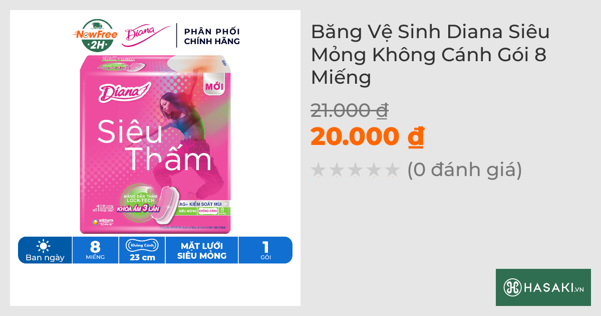 Băng Vệ Sinh Diana Siêu Thấm Siêu Mỏng Không Cánh 8 Miếng