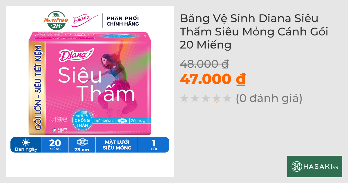 Băng Vệ Sinh Diana Siêu Thấm Siêu Mỏng Cánh 20 Miếng/Gói