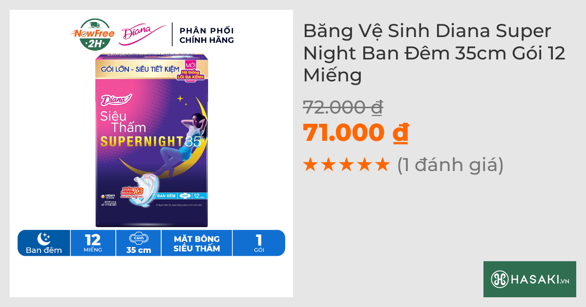 Băng Vệ Sinh Diana Siêu Thấm Supernight 35cm 12 Miếng/Gói