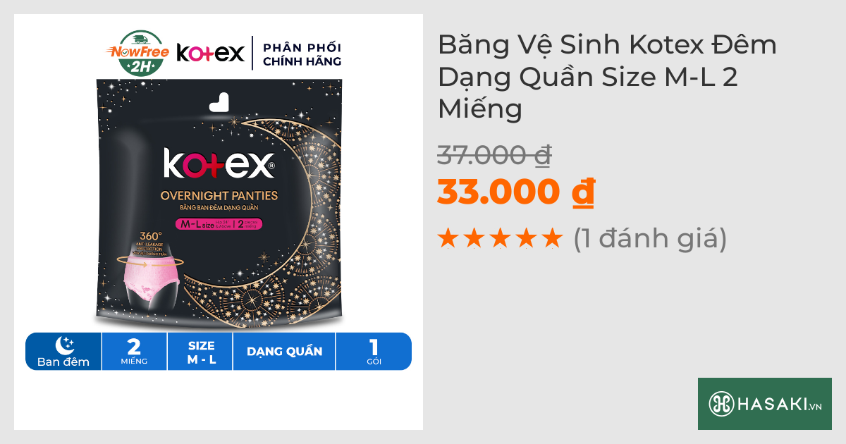 Băng Vệ Sinh Kotex Đêm Dạng Quần Size M-L 2 Miếng