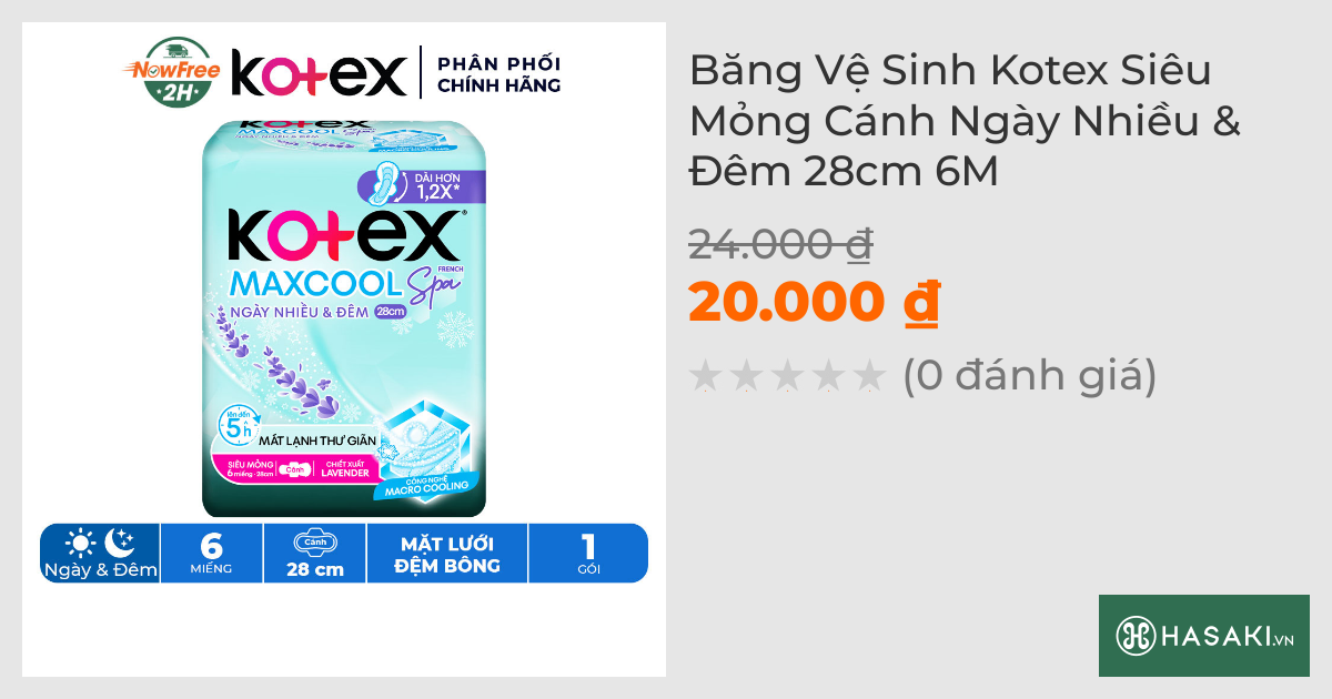 Băng Vệ Sinh Kotex Siêu Mỏng Cánh Ngày Nhiều & Đêm 28cm 6M