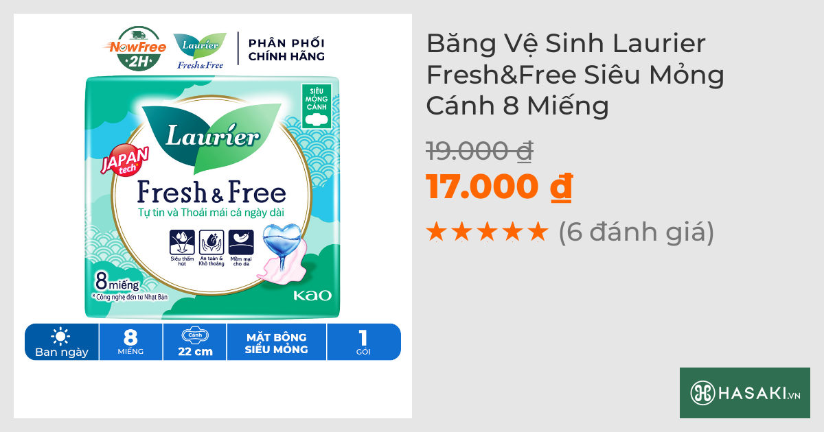 Băng Vệ Sinh Laurier Fresh&Free Siêu Mỏng Cánh 8 Miếng