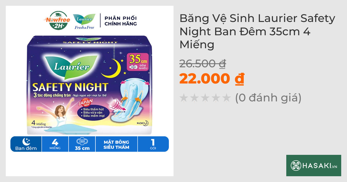 Băng Vệ Sinh Laurier Safety Night Ban Đêm 35cm 4 Miếng