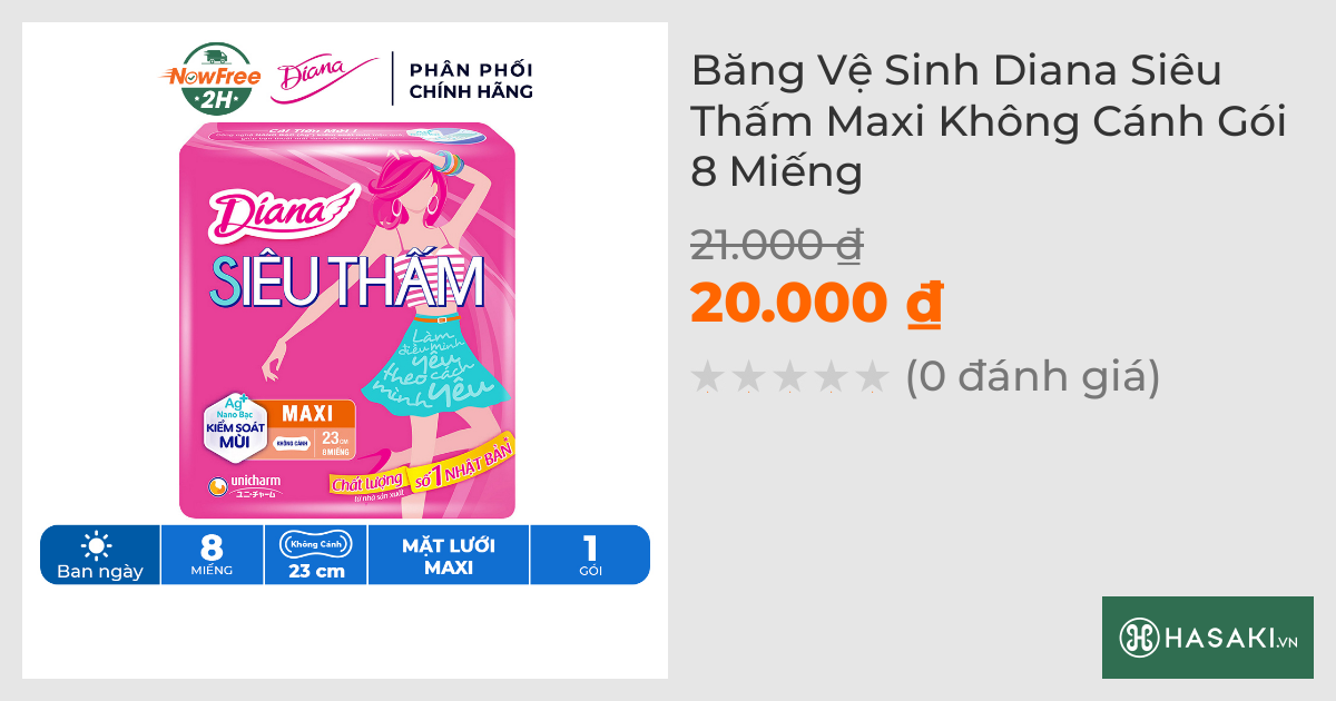 Băng Vệ Sinh Diana Siêu Thấm Maxi Không Cánh 8 Miếng/Gói