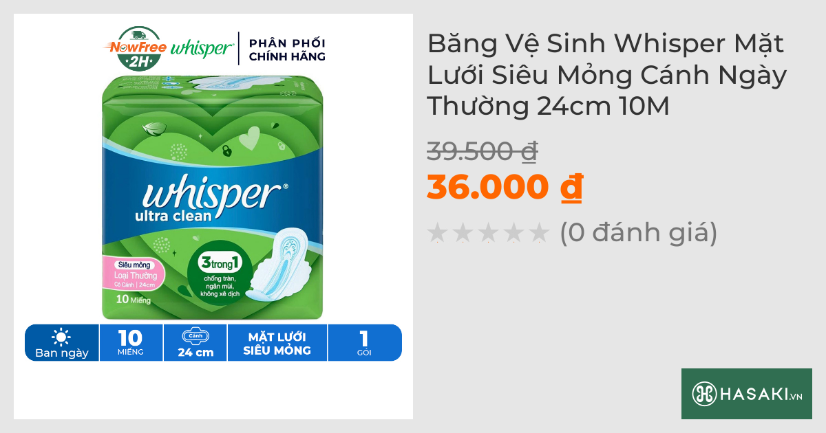 Băng Vệ Sinh Whisper Mặt Lưới Siêu Mỏng Cánh Ngày Thường 24cm 10M