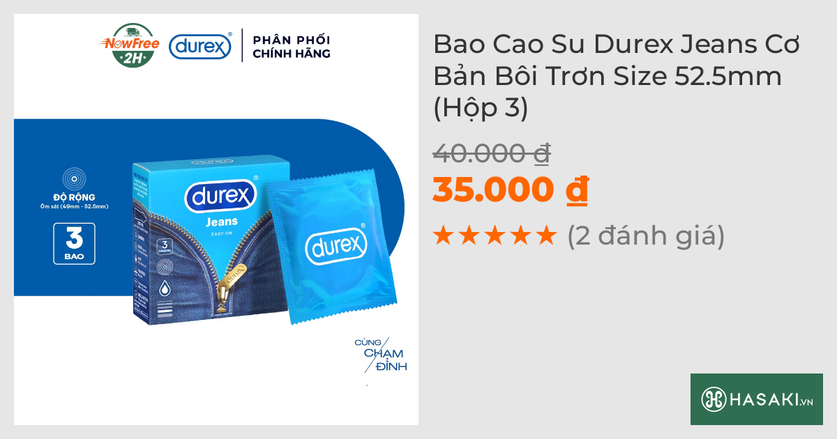 Bao Cao Su Durex Jeans Cơ Bản Bôi Trơn Size 52.5mm (Hộp 3)