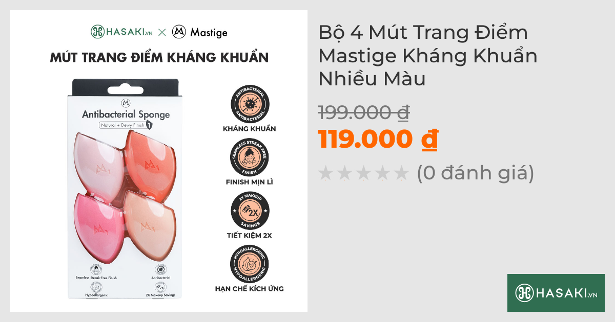 Bộ 4 Mút Trang Điểm Mastige Kháng Khuẩn Nhiều Màu