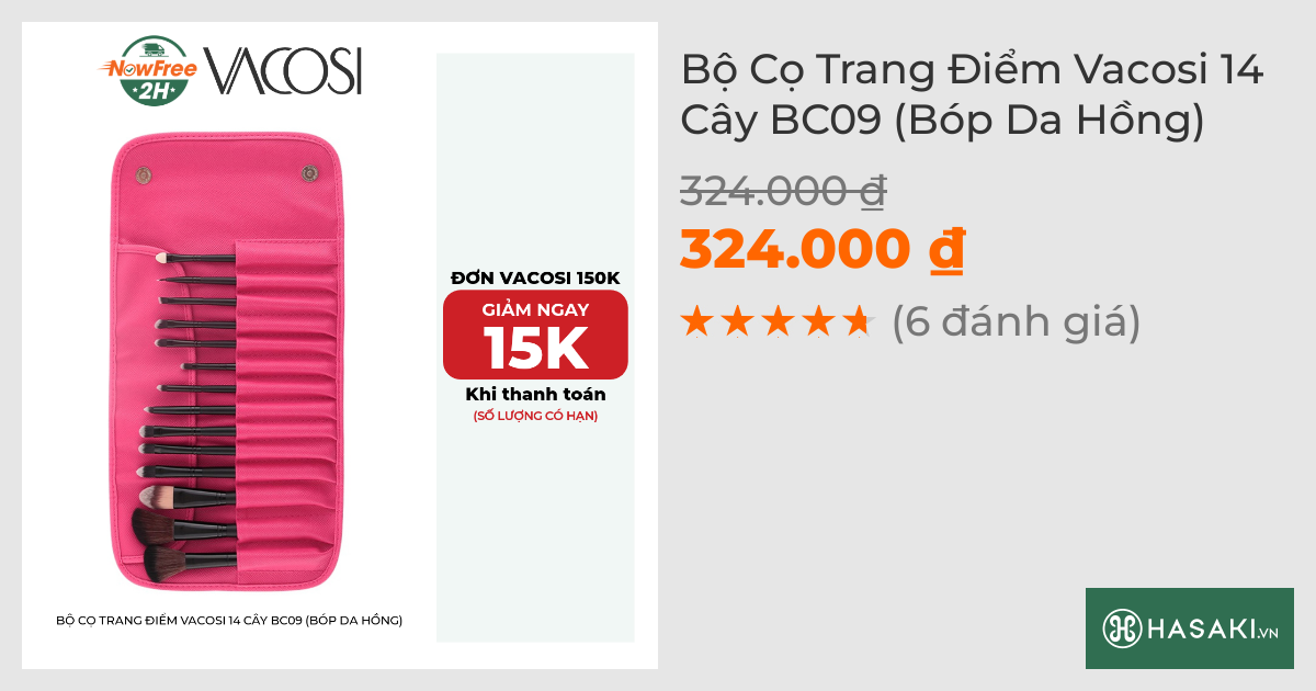 Bộ Cọ Trang Điểm Vacosi 14 Cây BC09 (Bóp Da Hồng)