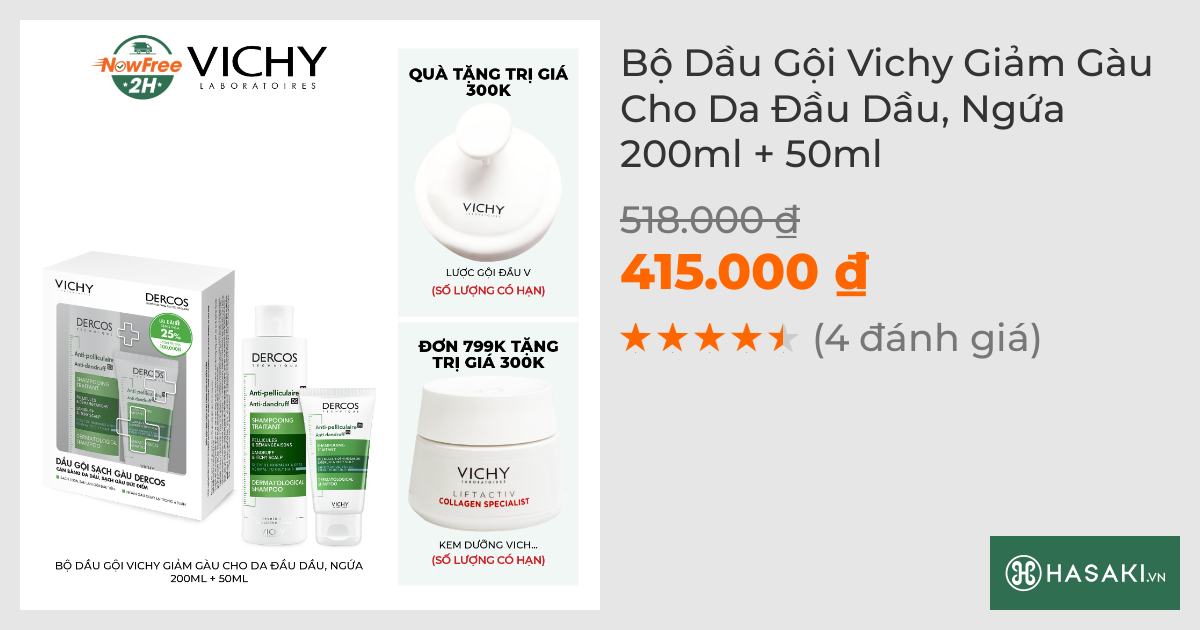 Bộ Dầu Gội Vichy Giảm Gàu Cho Da Đầu Dầu, Ngứa 200ml+50ml