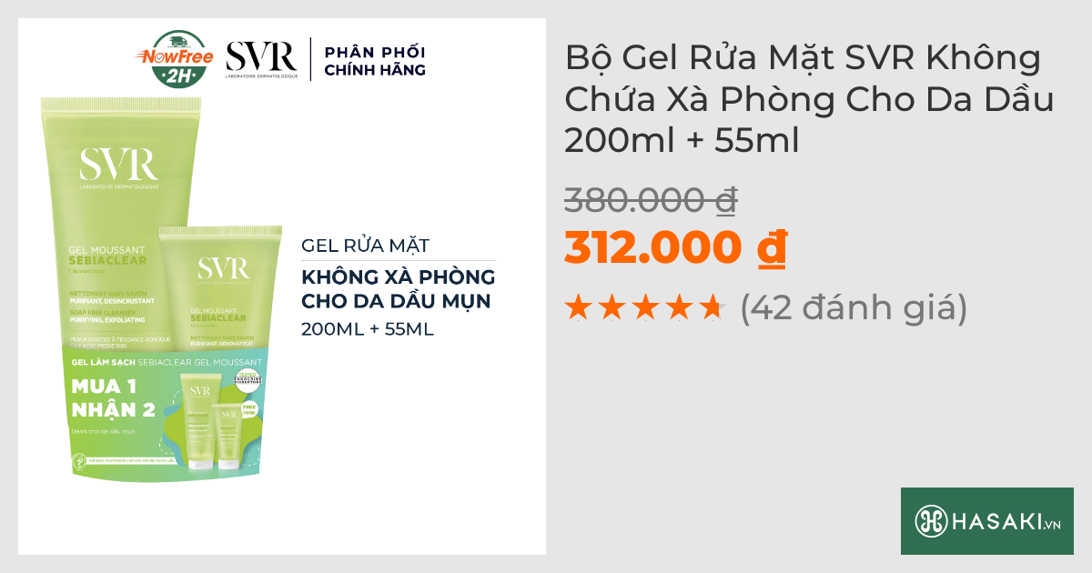 Bộ Gel Rửa Mặt SVR Không Chứa Xà Phòng Cho Da Dầu 200ml + 55ml