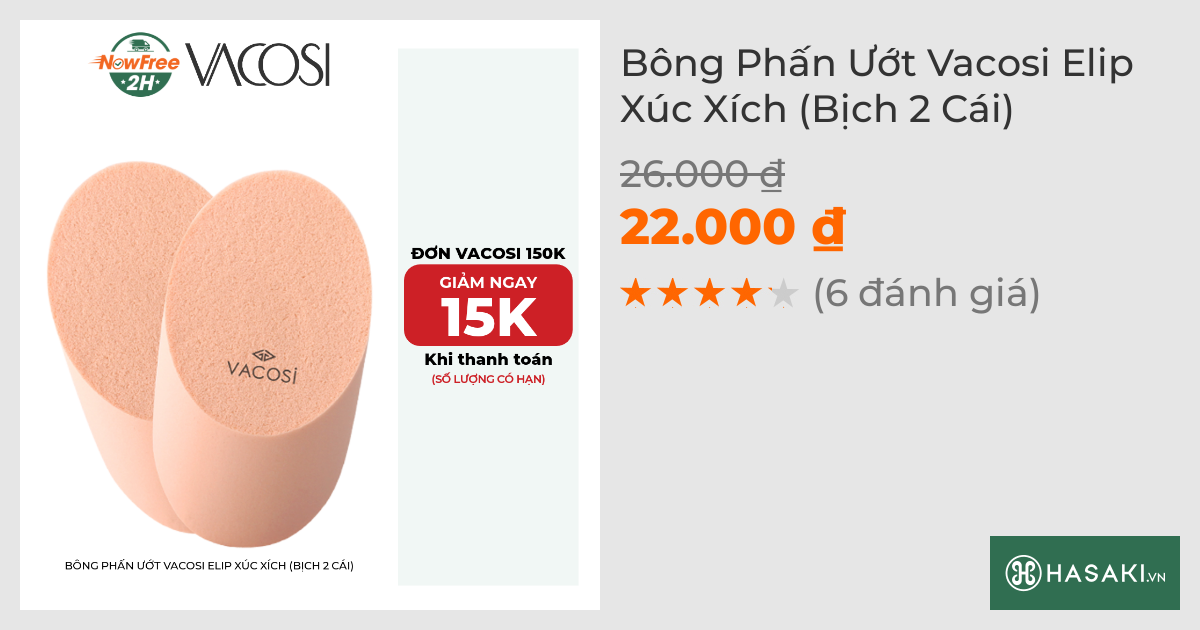 Bông Phấn Ướt Vacosi Elip Xúc Xích (Bịch 2 Cái)