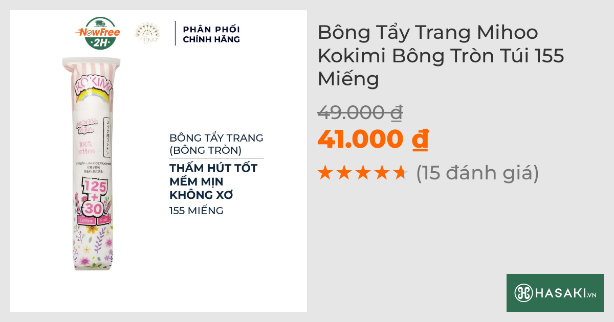 Bông Tẩy Trang Mihoo Kokimi Bông Tròn Túi 155 Miếng