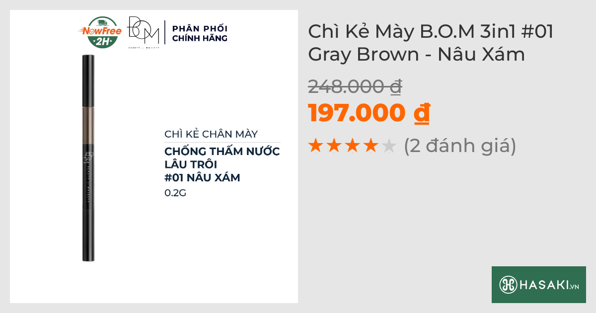 Chì Kẻ Mày B.O.M 3in1 #01 Gray Brown - Nâu Xám