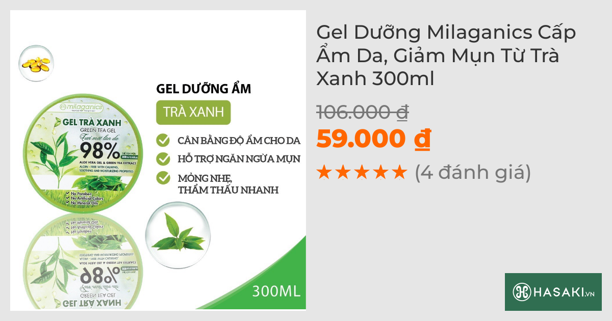 Gel Dưỡng Milaganics Cấp Ẩm Da, Giảm Mụn Từ Trà Xanh 300ml