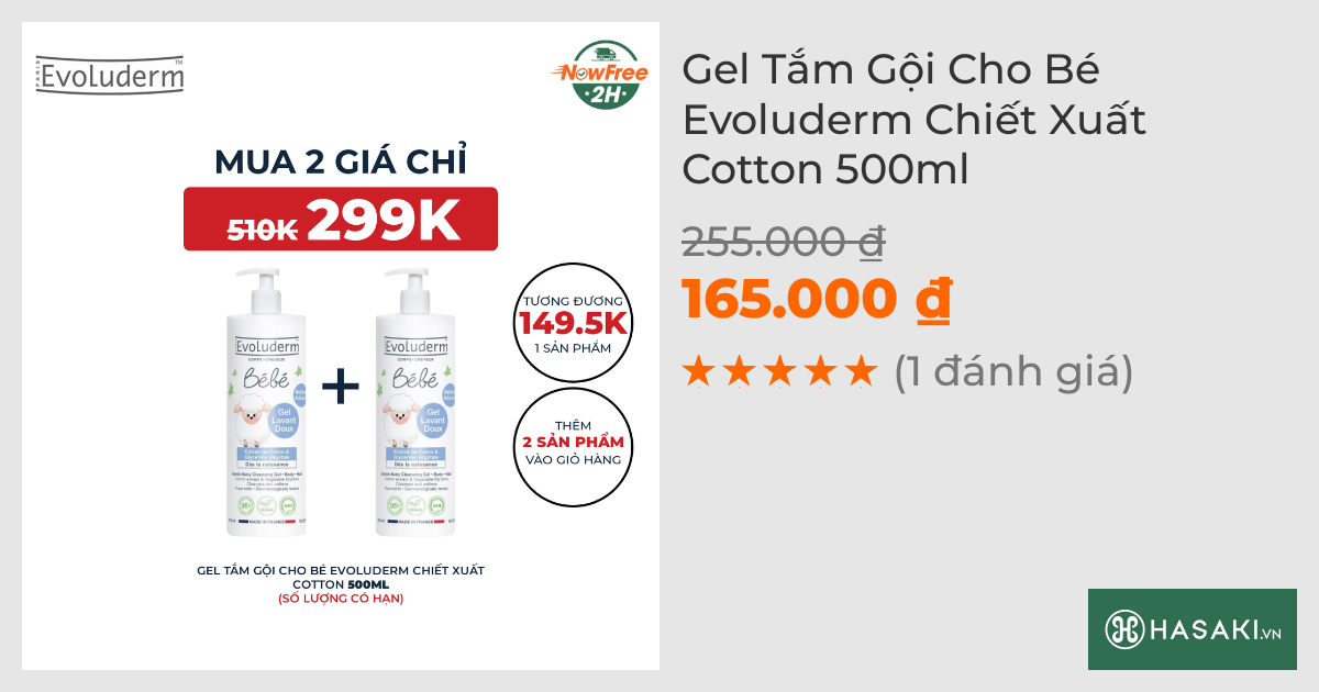 Gel Tắm Gội Cho Bé Evoluderm Chiết Xuất Cotton 500ml