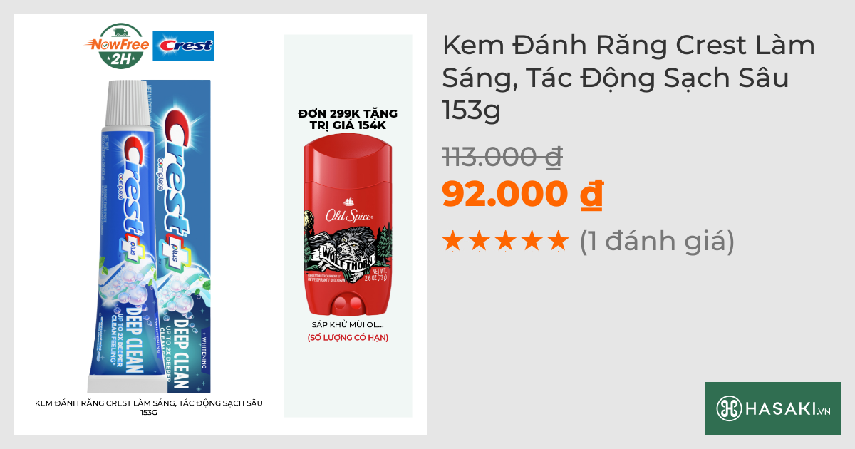 Kem Đánh Răng Crest Làm Sáng, Tác Động Sạch Sâu 153g