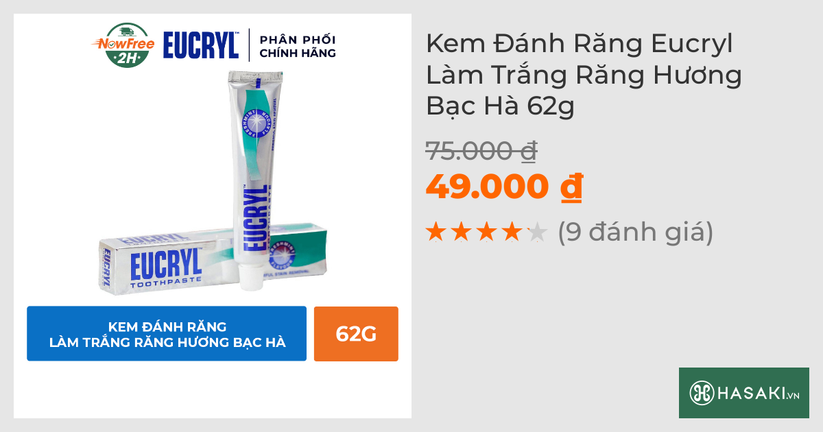 Kem Đánh Răng Eucryl Làm Trắng Răng Hương Bạc Hà 62g