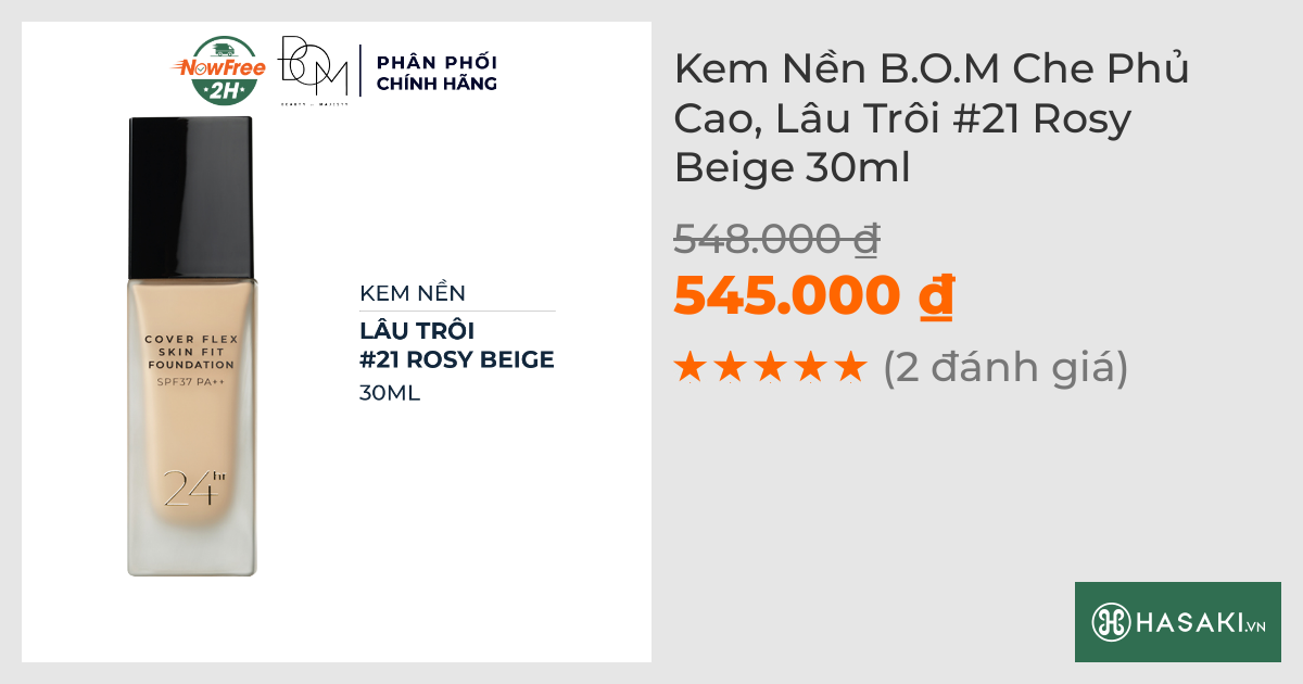 Kem Nền B.O.M Che Phủ Cao, Lâu Trôi #21 Rosy Beige 30ml