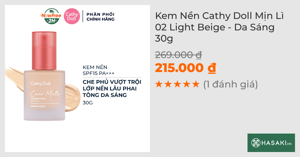 Kem Nền Cathy Doll Mịn Lì 02 Light Beige - Da Sáng 30g