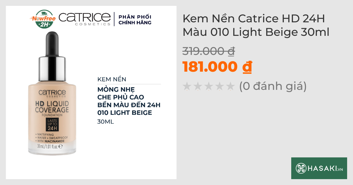 Kem Nền Catrice HD 24H Màu 010 Light Beige 30ml