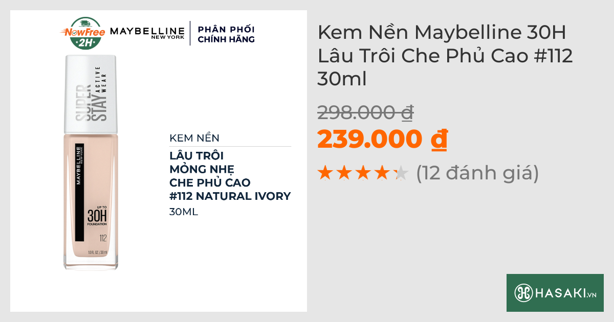 Kem Nền Maybelline 30H Lâu Trôi Che Phủ Cao #112 30ml