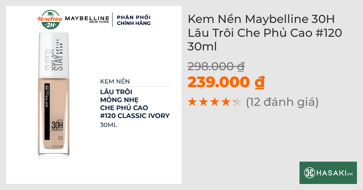 Kem Nền Maybelline 30H Lâu Trôi Che Phủ Cao #120 30ml