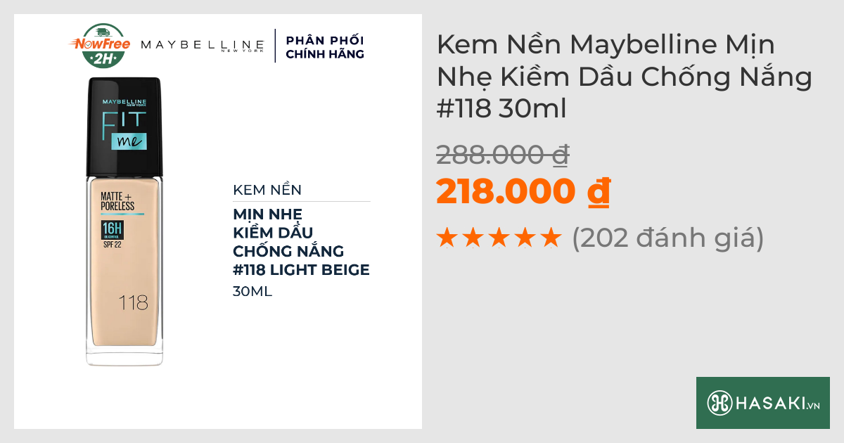 Kem Nền Maybelline Mịn Nhẹ Kiềm Dầu Chống Nắng #118 30ml