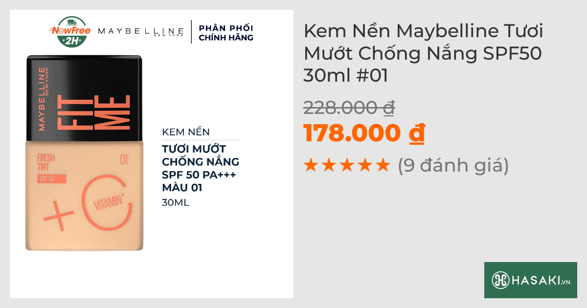 Kem Nền Maybelline Tươi Mướt Chống Nắng SPF50 30ml #01