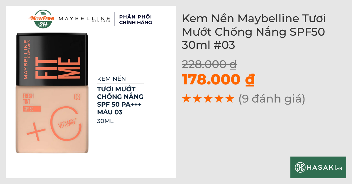 Kem Nền Maybelline Tươi Mướt Chống Nắng SPF50 30ml #03