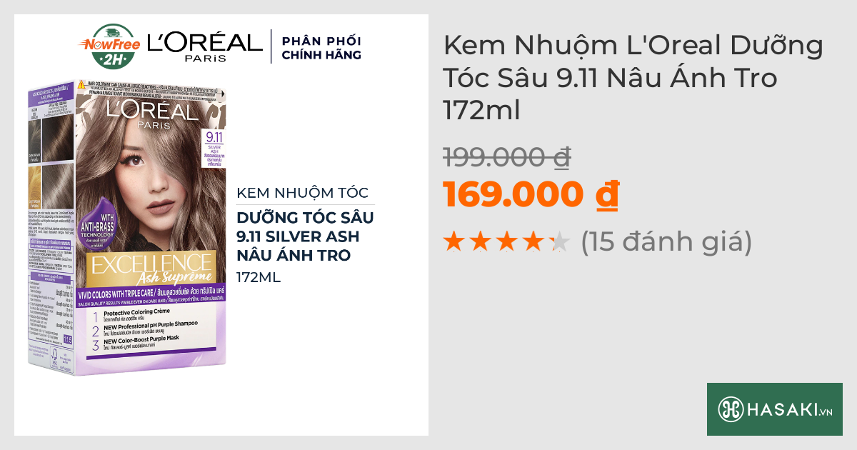 Kem Nhuộm L'Oreal Dưỡng Tóc Sâu 9.11 Nâu Ánh Tro 172ml