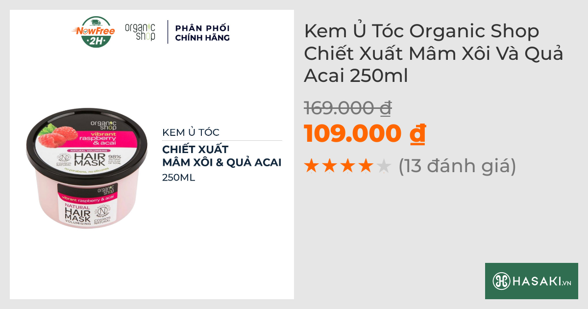 Kem Ủ Tóc Organic Shop Chiết Xuất Mâm Xôi Và Quả Acai 250ml