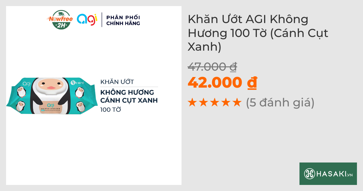 Khăn Ướt Agi Không Hương 100 Tờ (Cánh Cụt Xanh)