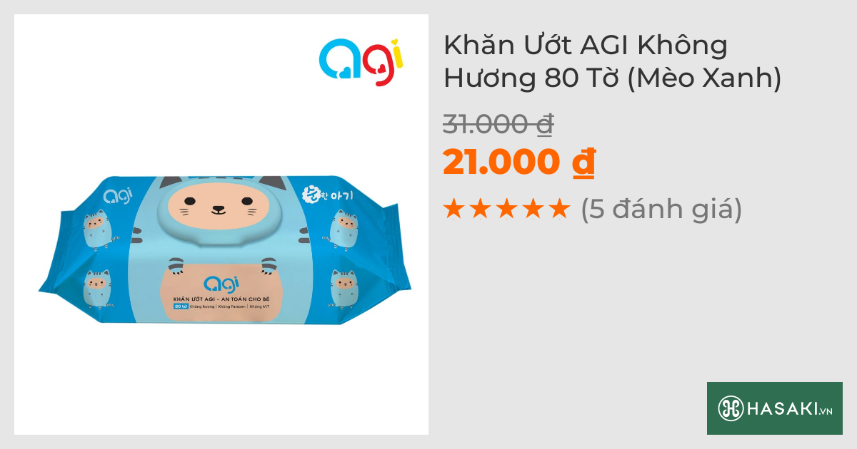 Khăn Ướt Agi Không Hương 80 Tờ (Mèo Xanh)