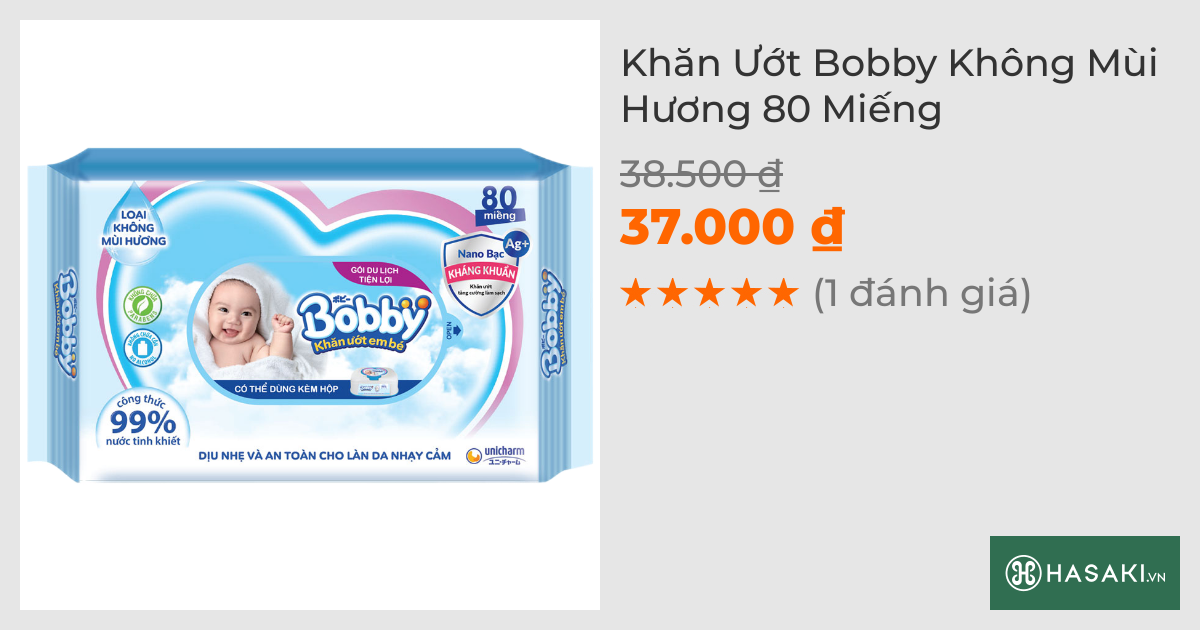 Khăn Ướt Bobby Không Mùi Hương 80 Miếng