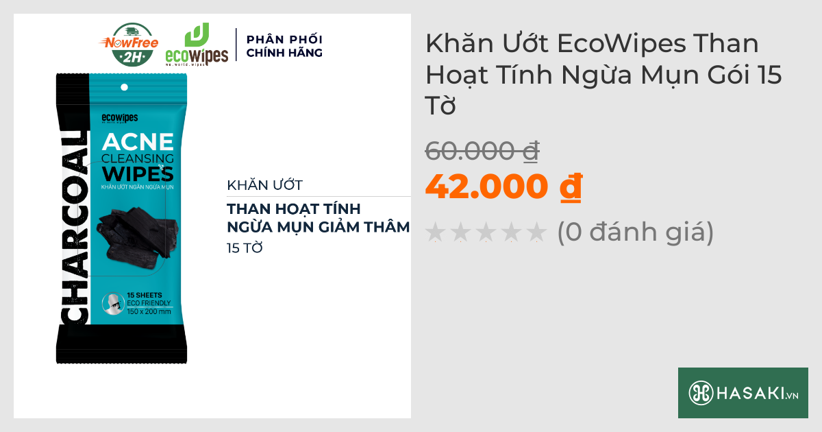 Khăn Ướt EcoWipes Than Hoạt Tính Ngừa Mụn Gói 15 Tờ