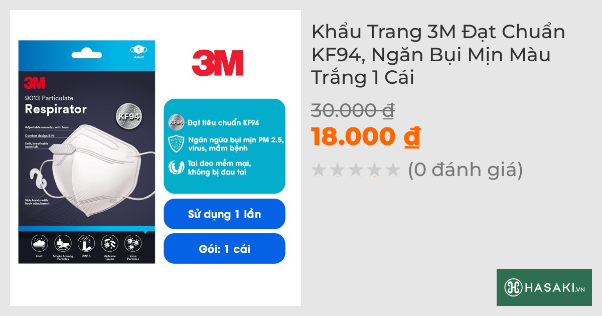 Khẩu Trang 3M Đạt Chuẩn KF94, Ngăn Bụi Mịn Màu Trắng 1 Cái