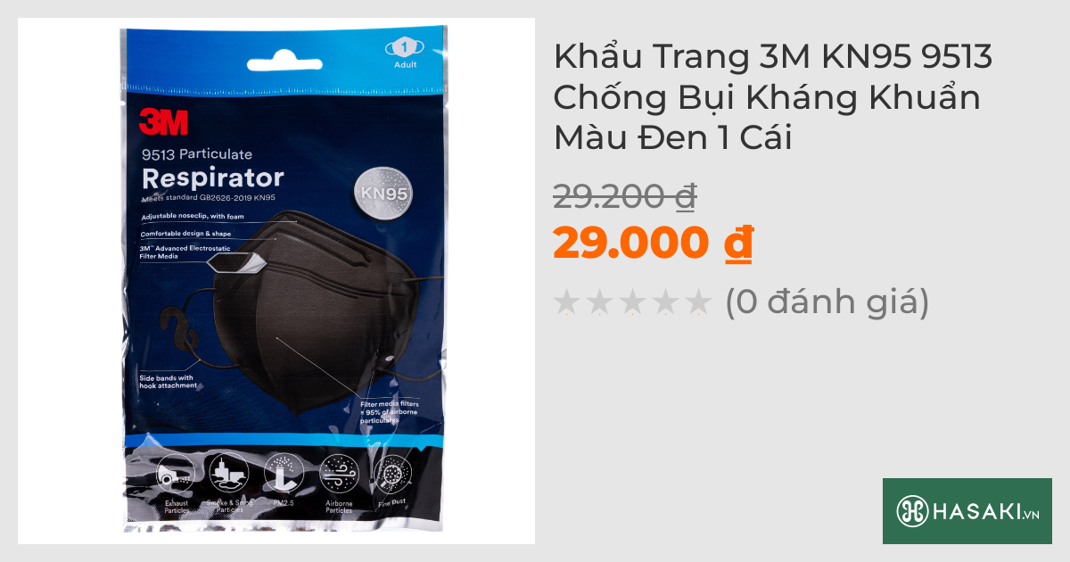 Khẩu Trang 3M KN95 9513 Chống Bụi Kháng Khuẩn Màu Đen 1 Cái