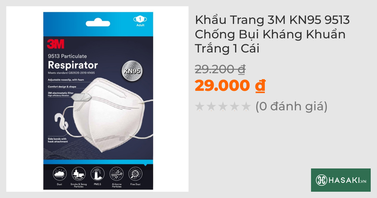 Khẩu Trang 3M KN95 9513 Chống Bụi Kháng Khuẩn Trắng 1 Cái