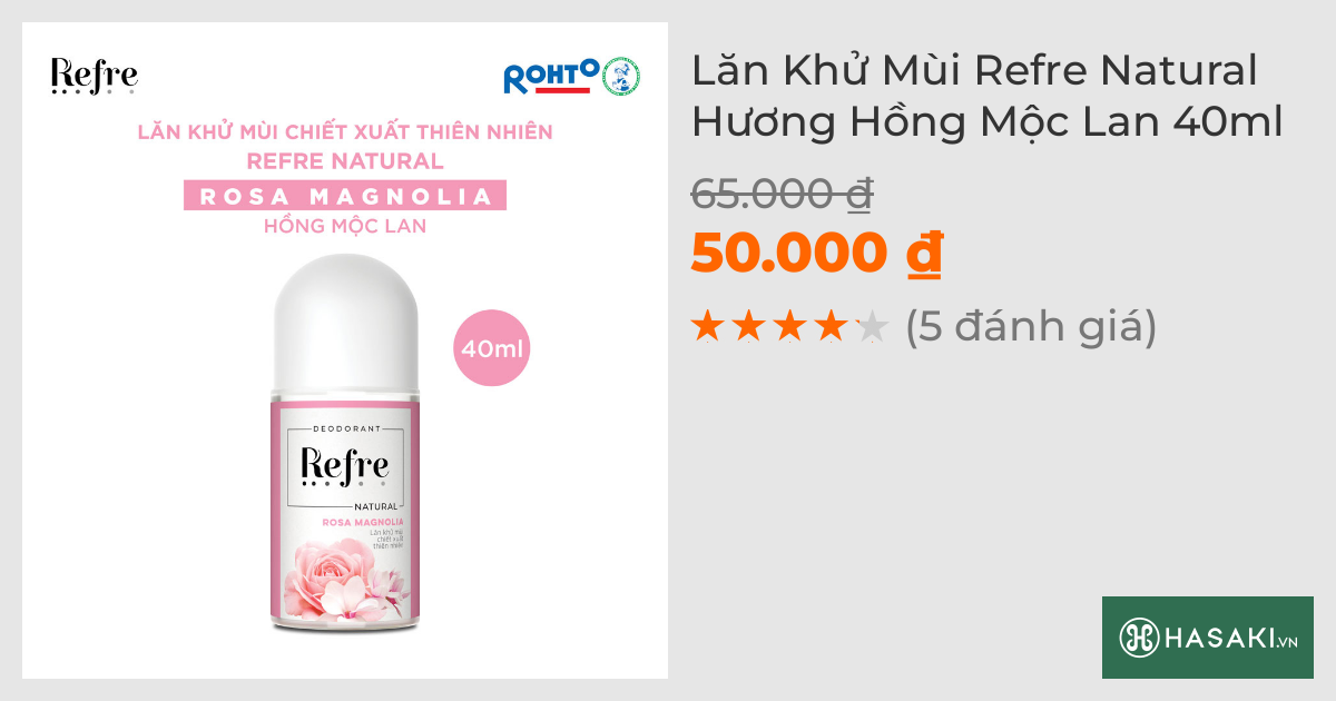 Lăn Khử Mùi Refre Natural Hương Hồng Mộc Lan 40ml