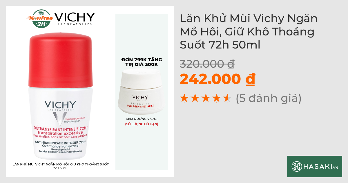 Lăn Khử Mùi Vichy Khô Thoáng Vùng Da Dưới Cánh Tay 72H 50ml