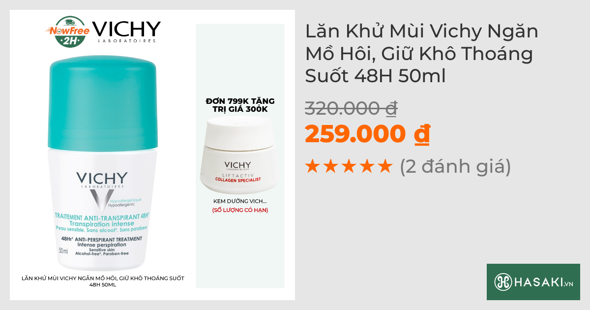 Lăn Khử Mùi Vichy Khô Thoáng Vùng Da Dưới Cánh Tay 48H 50ml